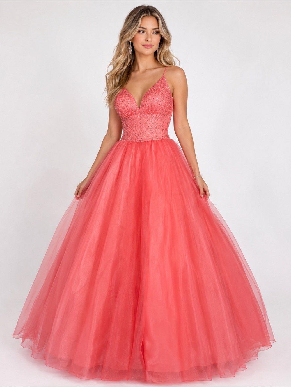NWT Mauri Simone Coral Pink Beaded Prom Ball Gown Barbie Formal Dress 6
